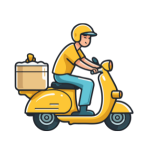 Illustration of a delivery person on a scooter with a box.