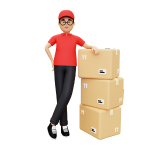 Person in red shirt and black pants holding a stack of cardboard boxes on a white background