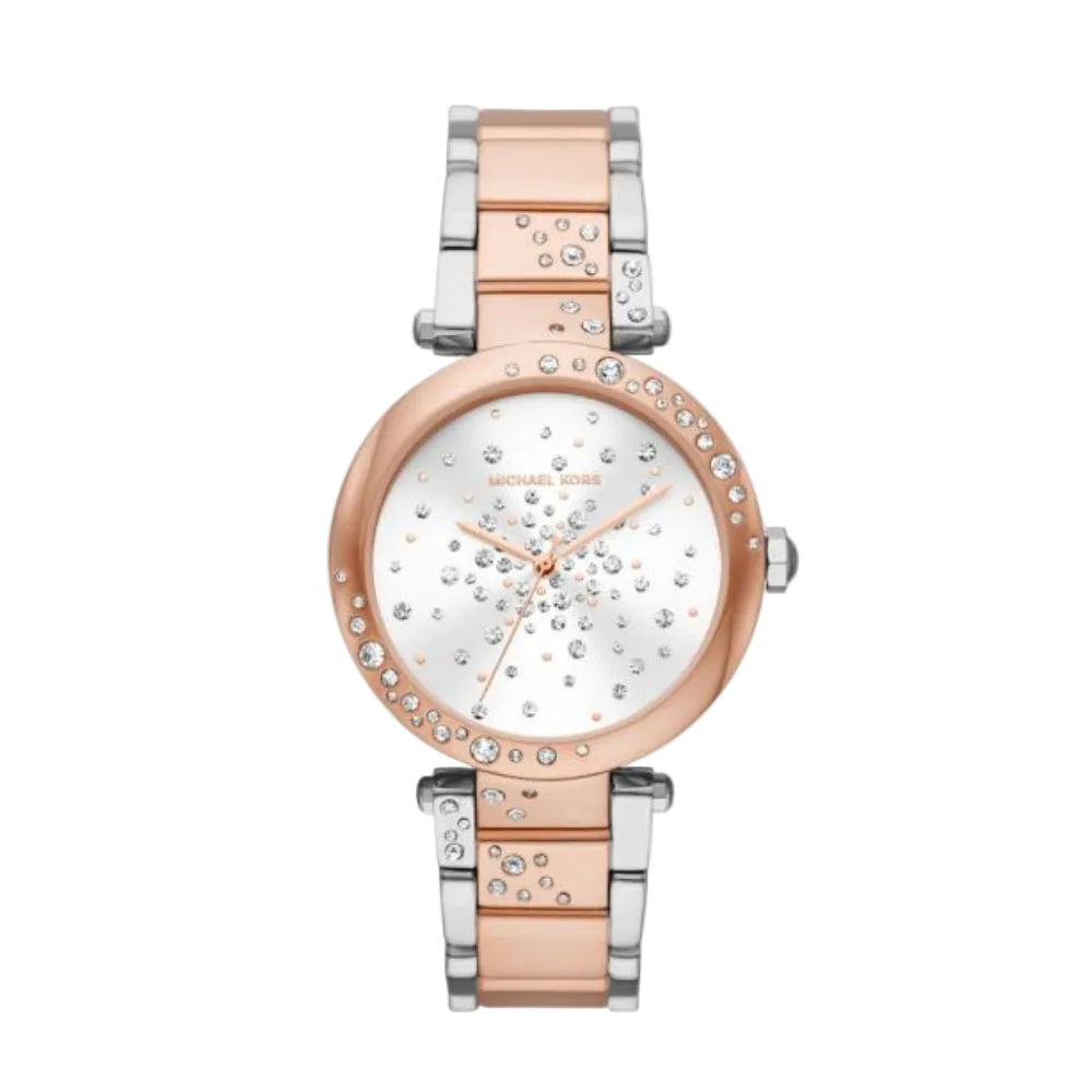 Two-tone watch with rose gold and silver band on a white background